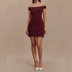 Meshki Cassidy Crepe Off Shoulder Mini Dress in Merlot - XL
